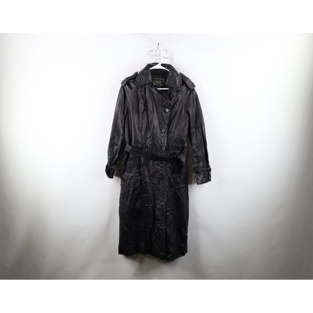 Vintage 70s Streetwear Womens Large Distressed Belted Leather Trench Coat Jacket